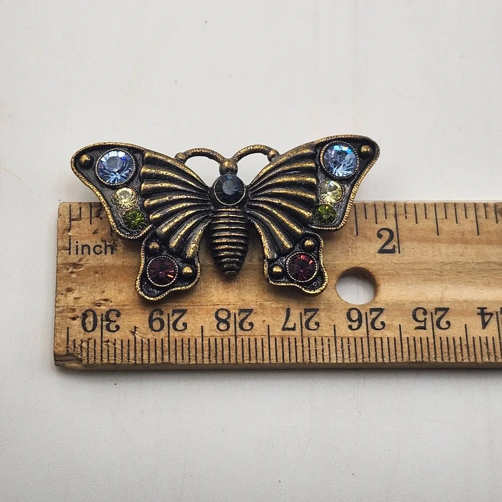 1928 Butterfly Brooch Pin with Rhinestones‎ Bronze Tone Colorful Accent Jewelry